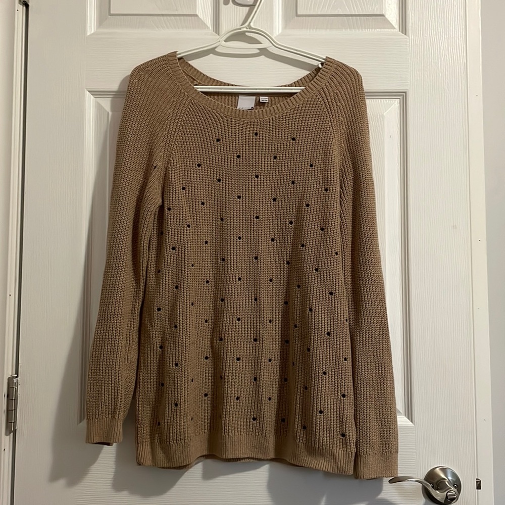 ELLE taupe knit sweater size medium light brown with small black polka dots